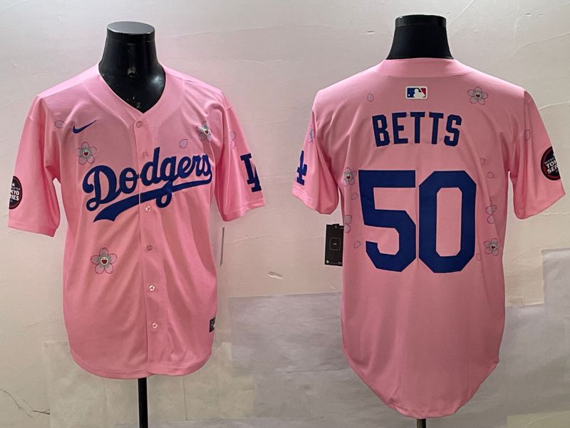 Men Los Angeles Dodgers 50 Betts Pink Sakura Edition 2025 Nike MLB Jersey style 1